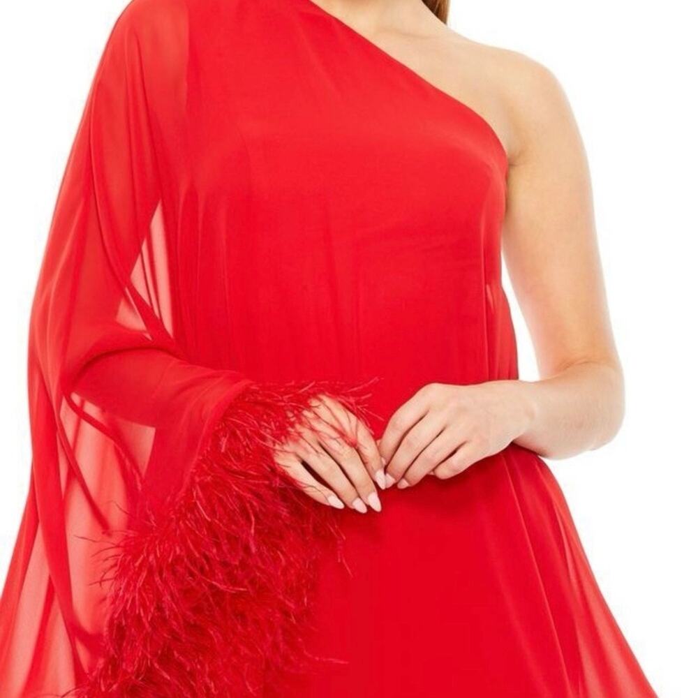 Mac Duggal One Shoulder Trapeze Mini Dress Feather Trim Red 11623 size 10 - Picture 7 of 8